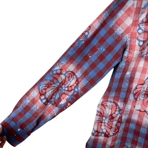 Reworked Boho Floral Bleached Plaid Button Down Shirt Womens Size Large Top Red - Picture 6 of 13